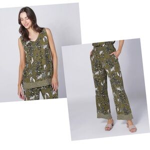 Cuddl Duds Flexwear Border Play Tank and Patio Pant in Olive Toile Size S